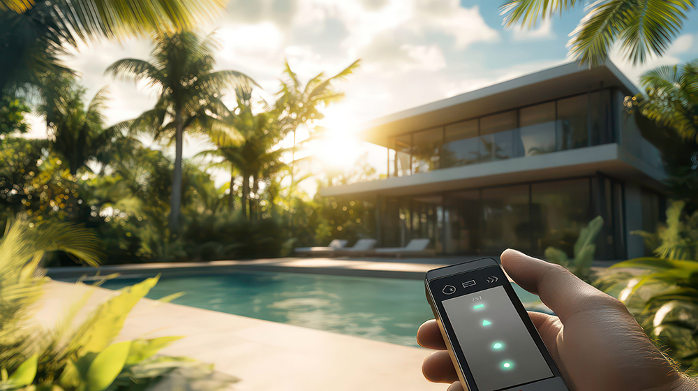 Hand Holding A Remote Control With A Modern House With A Swimming Pool In The Background.