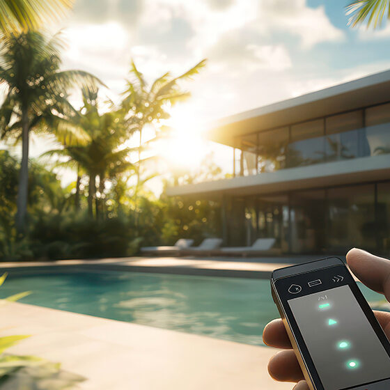 Hand Holding A Remote Control With A Modern House With A Swimming Pool In The Background.